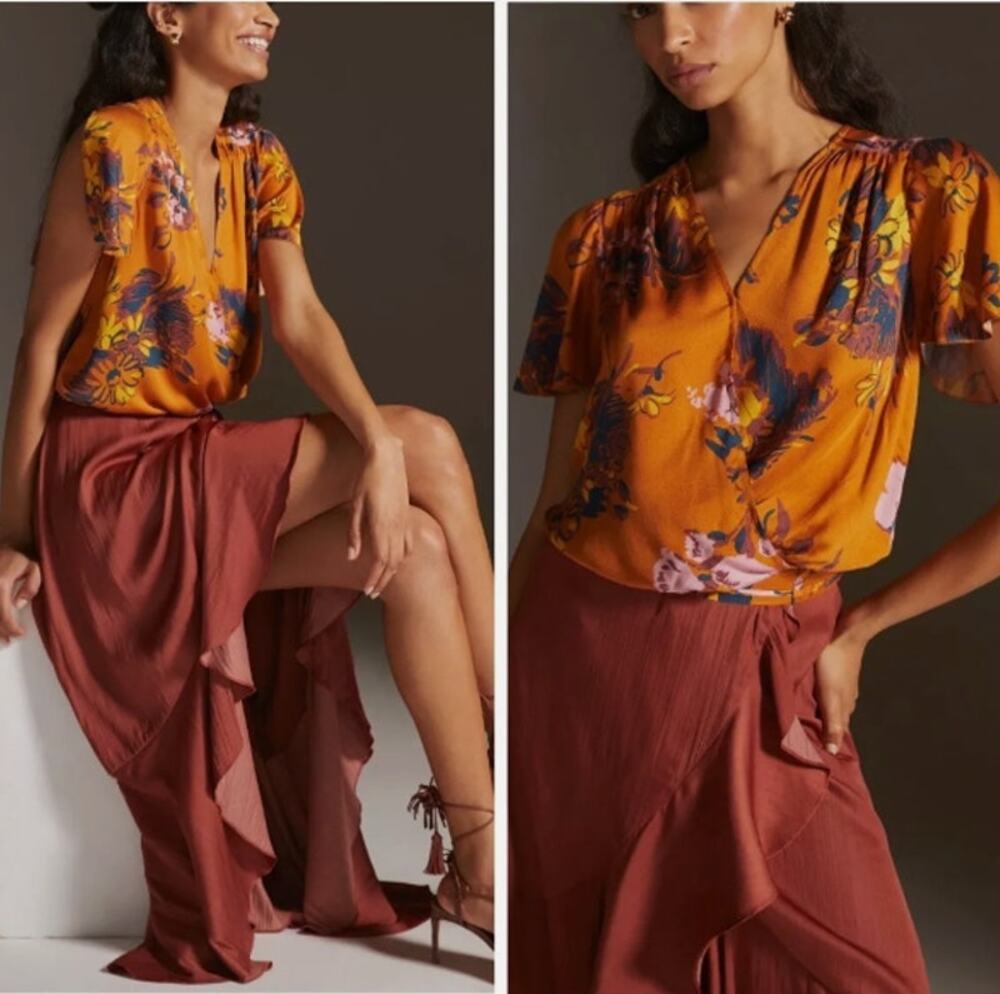Tiny Anthropologie Top Womens XS Floral Wrap Rust Orange Boho Flutter Sleeve
